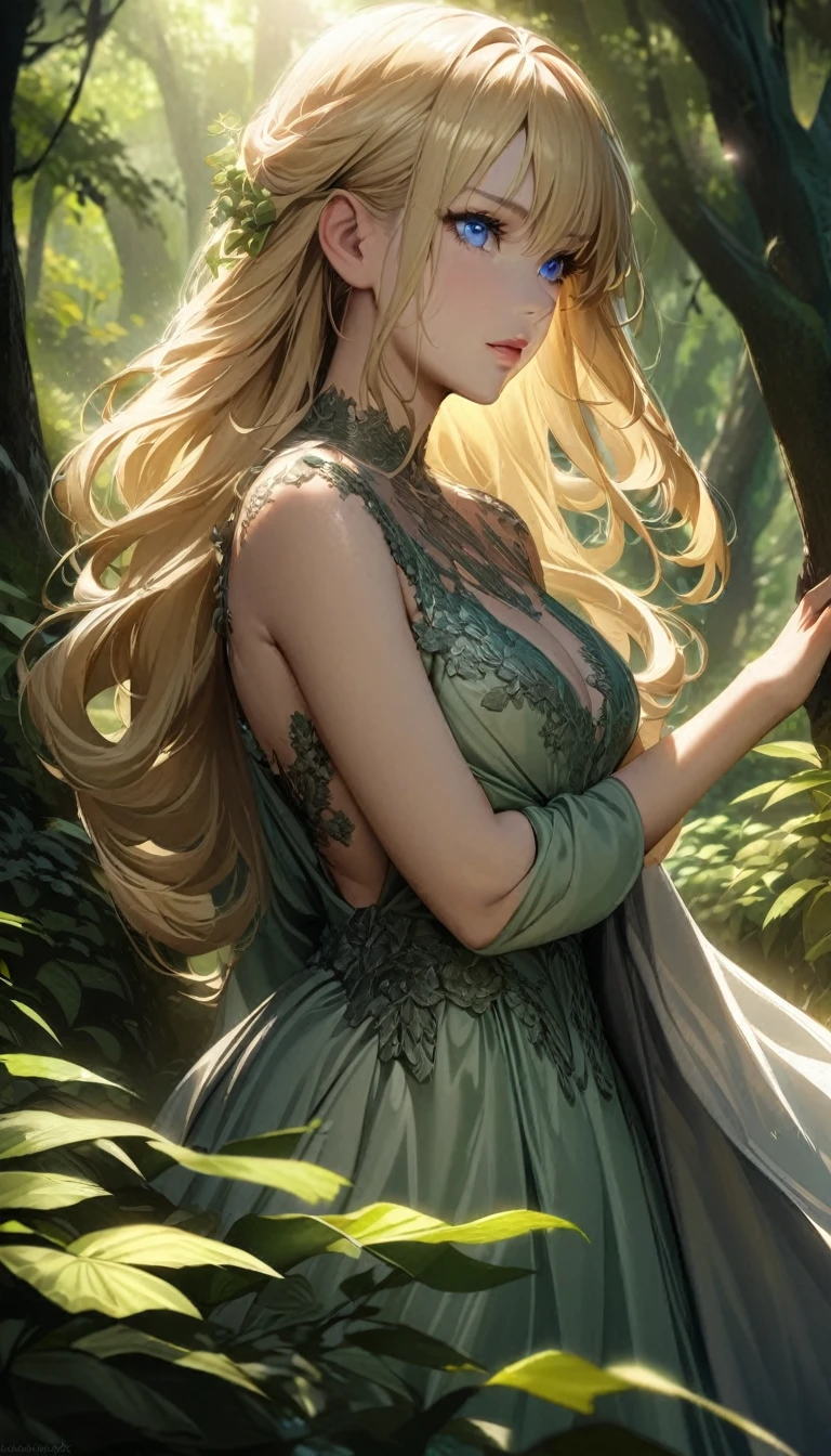 a long blonde hair anime girl with beautiful blue eyes, beautiful detailed eyes, beautiful detailed lips, extremely detailed face, longeyelashes, elegant dress, elegant pose, serene expression, fantasy forest landscape, sunlight through the trees, lush green foliage, detailed lighting, masterpiece, highly detailed, photorealistic