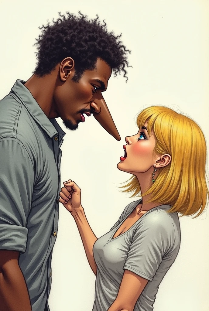 a drawing of a couple, The man is tall, his skin is black, he has short curly hair, has a long nose, The girl is blonde,her hair a little above her shoulders, has blue eyes,she is short and is punching his face