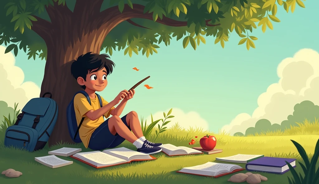 **Rajú Wasting Time:** Rajú sitting under a tree, playing with a stick or daydreaming, while ignoring a pile of homework and textbooks beside him. His school bag is left open, and the pages of his books are fluttering in the breeze, showing his lack of interest in studies