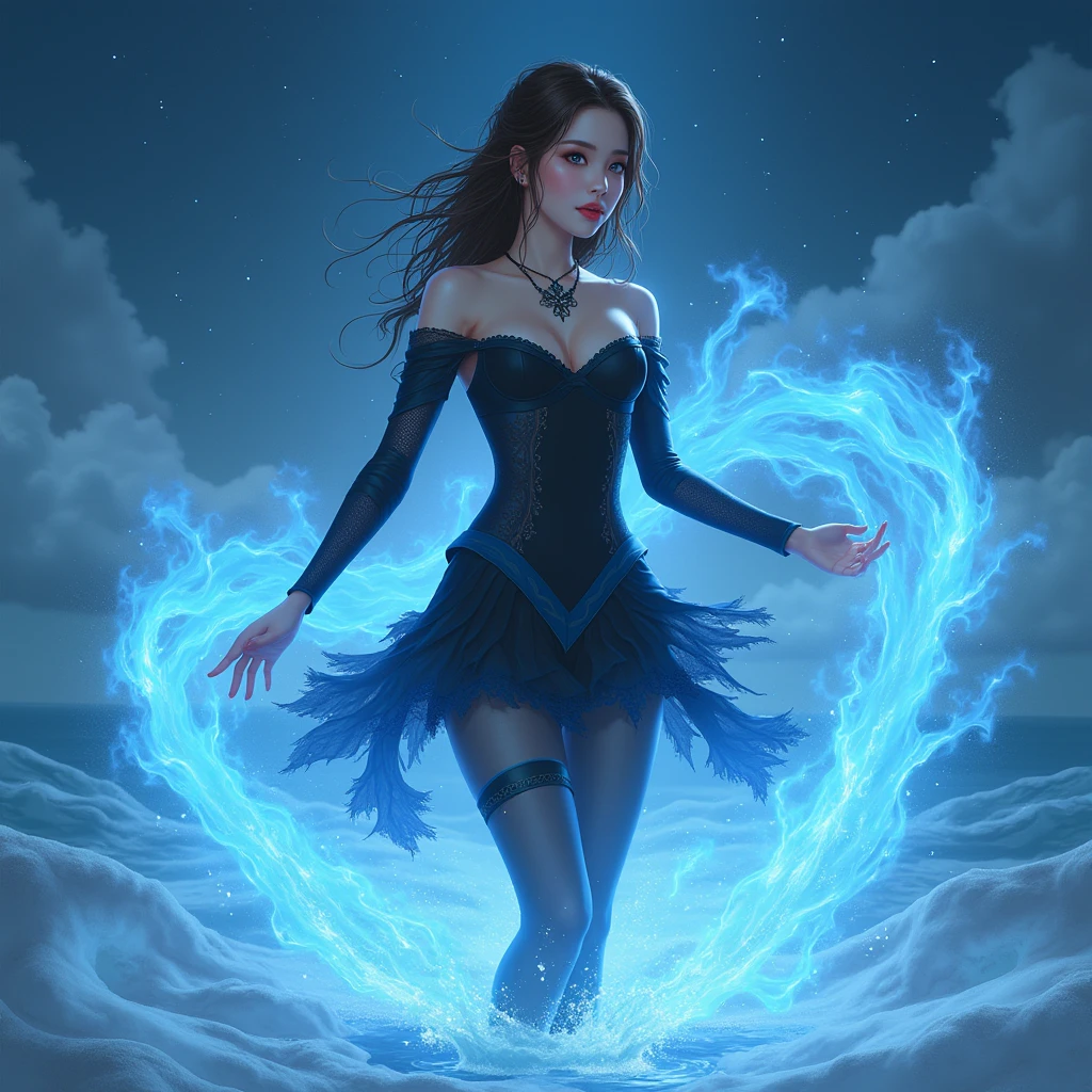 1 girl, beautiful, Seductive, sexy, Asia, Medium bust, Bronze hair, medium length hair, light blue eyes, light red lips, tattoo, Black off shoulder top, sexy, skirt, tights, high-heels, full body, Suitable background, Real picture, spell, The blue water flows like mist around you, it's so realistic.,The backdrop is a snowy sea at night with twinkling stars in the sky.