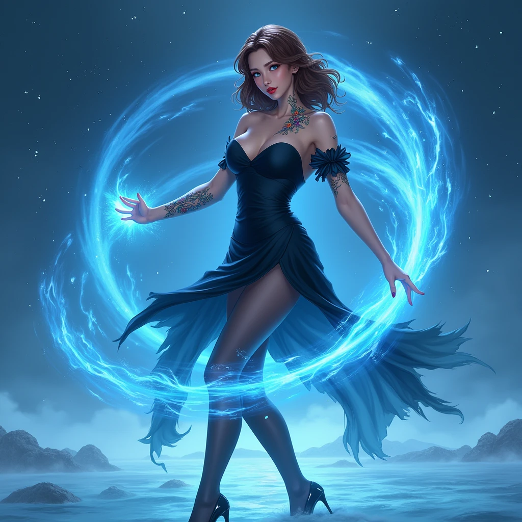 1 girl, beautiful, Seductive, sexy, Asia, Medium bust, Bronze hair, medium length hair, light blue eyes, light red lips, tattoo, Black off shoulder top, sexy, skirt, tights, high-heels, full body, Suitable background, Real picture, spell, The blue water flows like mist around you, it's so realistic.,The backdrop is a snowy sea at night with twinkling stars in the sky.