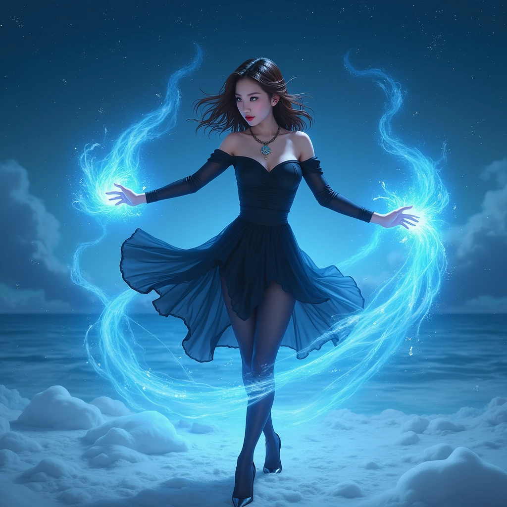 1 girl, beautiful, Seductive, sexy, Asia, Medium bust, Bronze hair, medium length hair, light blue eyes, light red lips, tattoo, Black off shoulder top, sexy, skirt, tights, high-heels, full body, Suitable background, Real picture, spell, The blue water flows like mist around you, it&#39;s so realistic.,The backdrop is a snowy sea at night with twinkling stars in the sky.