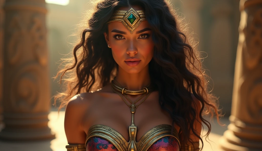 {sofia}, Making a ((wonder woman:134)) from an e-sports athlete, It takes a long time ((Aztec skirt: 1.2)), Full view, view from the ground to the eyes, 2 girls, the most beautiful (mexican girl) of the world, skin pores, Subsoil Dispersion, Rays of radiant light, High resolution, ((detailed facial features: 1.2)), High detail, sharp focus, seeds, aesthetics, extremely detailed, (Extremely detailed eyes, extremely detailed hair, piel extremely detailed, ropa extremely detailed, octane rendering, fotorrealist, realist, post-processing, (maximum detail: 1.4), sombras realists, rugosity, Natural skin texture, real life, ultrarrealist, photorealism, Photography, 8k hd, Photography, HdR, Intricate, elegant, Very detailed, sharp focus, Awesome, beautiful, The best quality, masterpiece, Imperfections, Amazing beauty, sexy look, Brown eyes, Dark brown hair, (wavy coat)