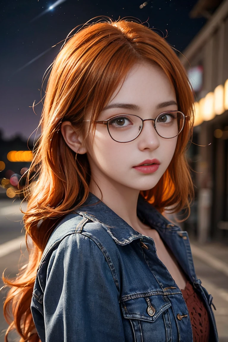 lifelike, High resolution, soft light,1 woman, (Detailed face), denim jacket，Hold a book in hand，wear glasses，sharp vision, noble and inviolable temperament, (([woman]: 1.2 + [beauty]: 1.2 + long orange hair: 1.2)), Bright Eyes, Purple tone pattern，Purple light and shadow，（standing on the street），Clear beauty, woman, 20 years old，((Autumnal) )，beautydelicate eyes, Good 8KCG wallpaper, official art， Super detailed， masterpiece， best quality， Detailed face，expression of stoicism，dynamic poses，Meteor，starry sky，Milky Way，（original photo，best quality），（realistically，Real shot：1.3），best quality，Very detailed，masterpiece，Super detailed，（whole body），dynamic angle，World Masterpiece Theater，messy_long_hair，best quality，Astonishing，movie lighting，lens_flare，
