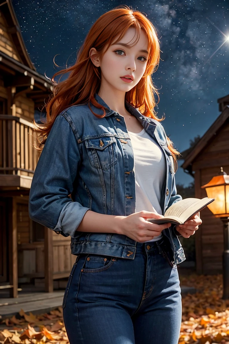 lifelike, High resolution, soft light,1 woman, (Detailed face), denim jacket，Hold a book in hand，wear glasses，sharp vision, noble and inviolable temperament, (([woman]: 1.2 + [beauty]: 1.2 + long orange hair: 1.2)), Bright Eyes, Purple tone pattern，Purple light and shadow，（standing on the street），Clear beauty, woman, 20 years old，((Autumnal) )，beautydelicate eyes, Good 8KCG wallpaper, official art， Super detailed， masterpiece， best quality， Detailed face，expression of stoicism，dynamic poses，Meteor，starry sky，Milky Way，（original photo，best quality），（realistically，Real shot：1.3），best quality，Very detailed，masterpiece，Super detailed，（whole body），dynamic angle，World Masterpiece Theater，messy_long_hair，best quality，Astonishing，movie lighting，lens_flare，
