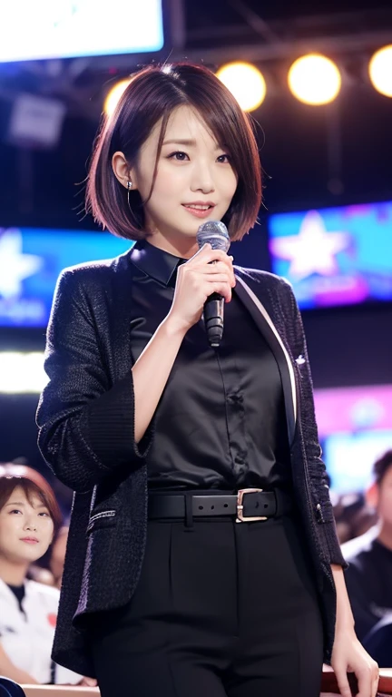 1 female,Short Bob Hair,Female announcer,announcer、erotic、Looking at the audience,There&#39;The light in my eyes,Big smile,Summer knitwear、Cleavage,Front view,At close range,Cleavage emphasis,,sexy,