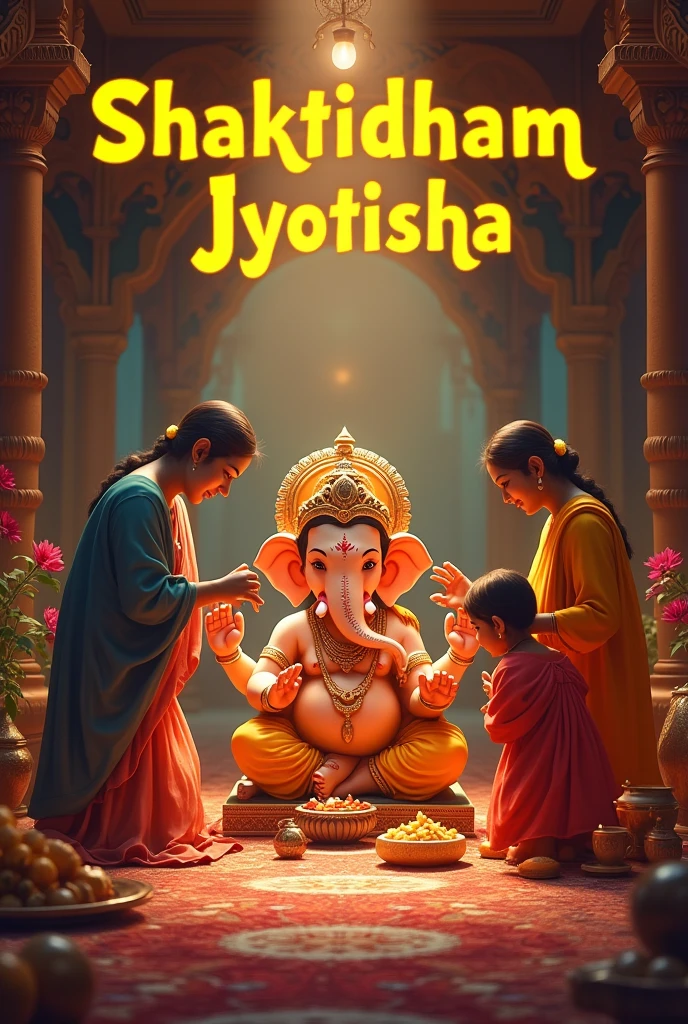 An image of devotees placing a beautifully crafted Ganesh idol at home during an auspicious time, with traditional decorations in the background. Add highlights yellow color text shaktidham jyotisha 