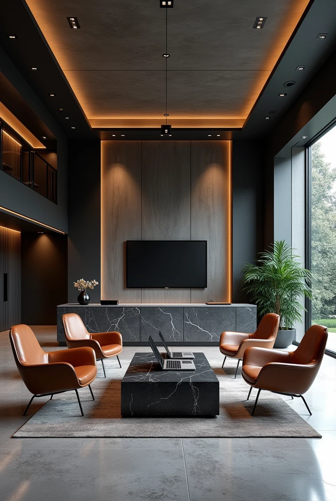 Professional 3d architecture rendering design of modern And high tech for boticque hotel’s Labi with dark slab stone and 4 dark brown leather Chairs and medium flouting dark gray marble station and 2 laptops and coffee table elegant and modern glassy and silver accessories and modern windows and private space for baggage in the Labi and black slab stone middle table and elegant accessories and modern ceiling lighting and beautiful green space and private space for baggage with silver wall and silver reception