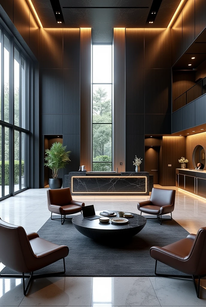 Professional 3d architecture rendering design of modern And high tech for boticque hotel’s Labi with dark slab stone and 4 dark brown leather Chairs and medium flouting dark gray marble station and 2 laptops and coffee table elegant and modern glassy and silver accessories and modern windows and private space for baggage in the Labi and black slab stone middle table and elegant accessories and modern ceiling lighting and beautiful green space and private space for baggage with silver wall and silver reception