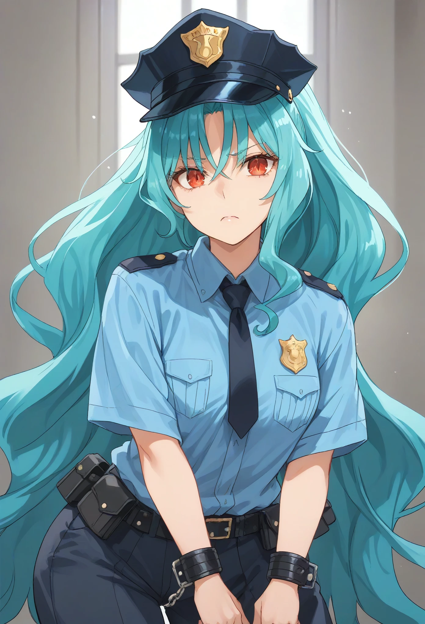 long hair aqua hair ponytail red eyes,slit pupils,police,policewoman,police uniform,police hat,cuffs,cuffed
