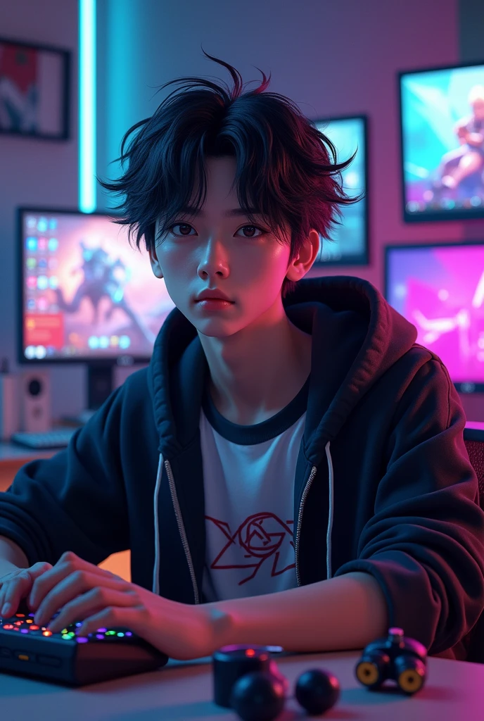 Portrait of a Japanese male game developer in his 20s, angular face, sharp eyes with an intense focus, high cheekbones, thin lips, messy black hair, wearing a graphic tee with a hoodie, sitting at a desk with multiple monitors displaying vibrant game graphics, gaming figurines scattered around, neon lighting