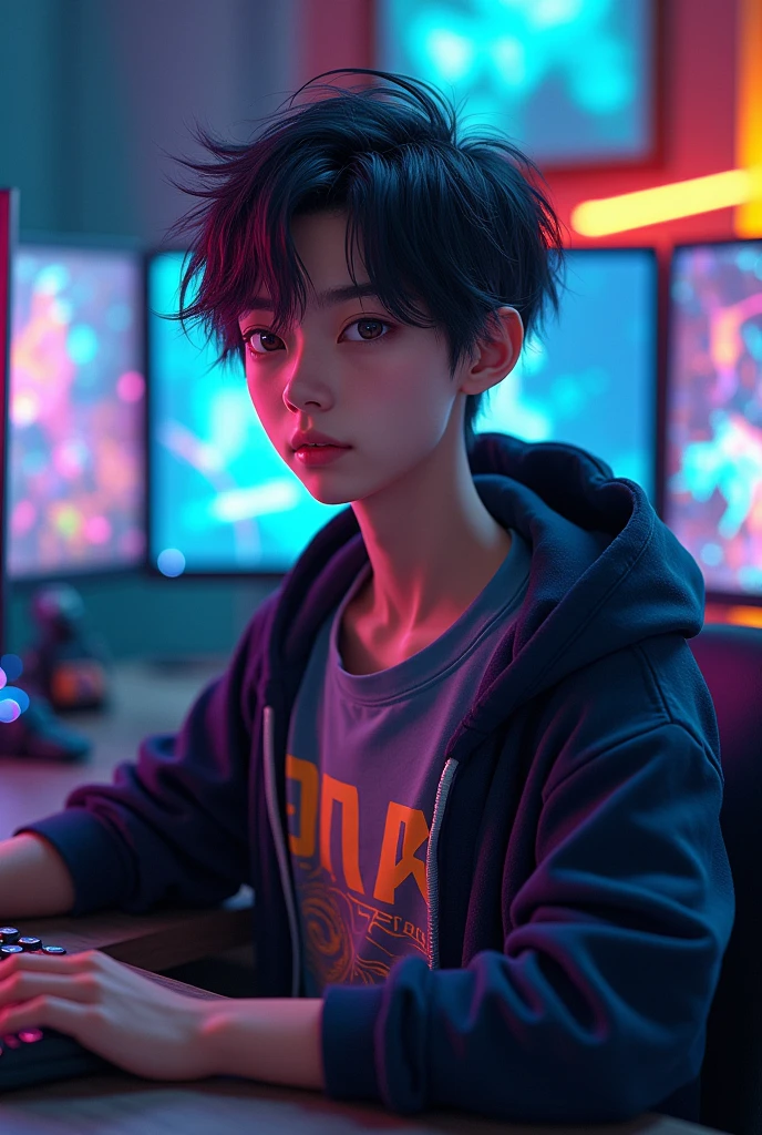 Portrait of a Japanese male game developer in his 20s, angular face, sharp eyes with an intense focus, high cheekbones, thin lips, messy black hair, wearing a graphic tee with a hoodie, sitting at a desk with multiple monitors displaying vibrant game graphics, gaming figurines scattered around, neon lighting