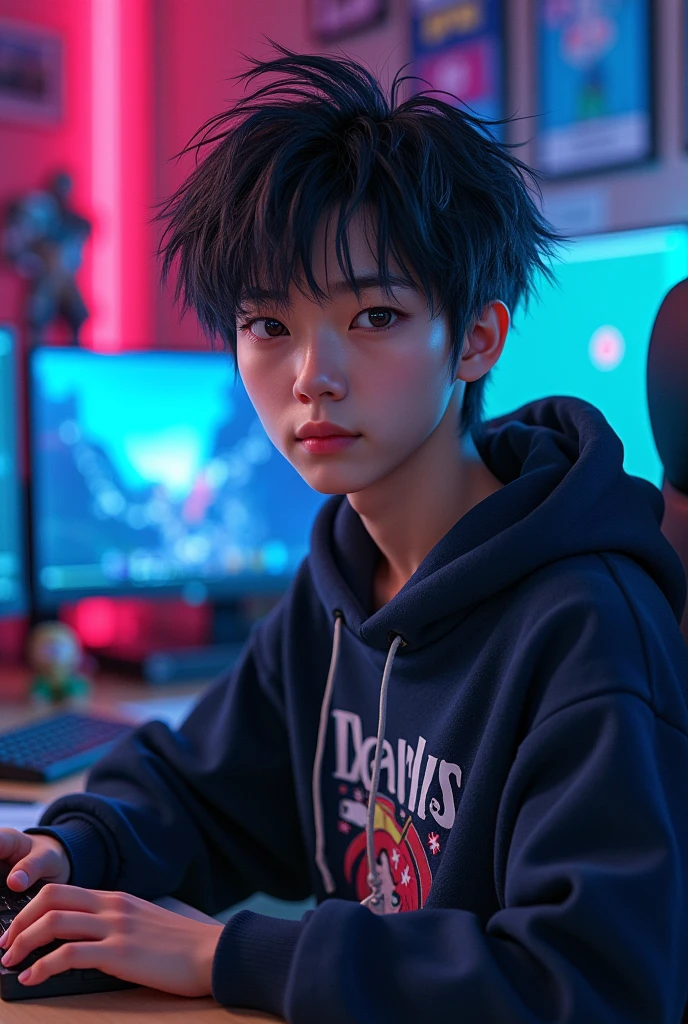 Portrait of a Japanese male game developer in his 20s, angular face, sharp eyes with an intense focus, high cheekbones, thin lips, messy black hair, wearing a graphic tee with a hoodie, sitting at a desk with multiple monitors displaying vibrant game graphics, gaming figurines scattered around, neon lighting