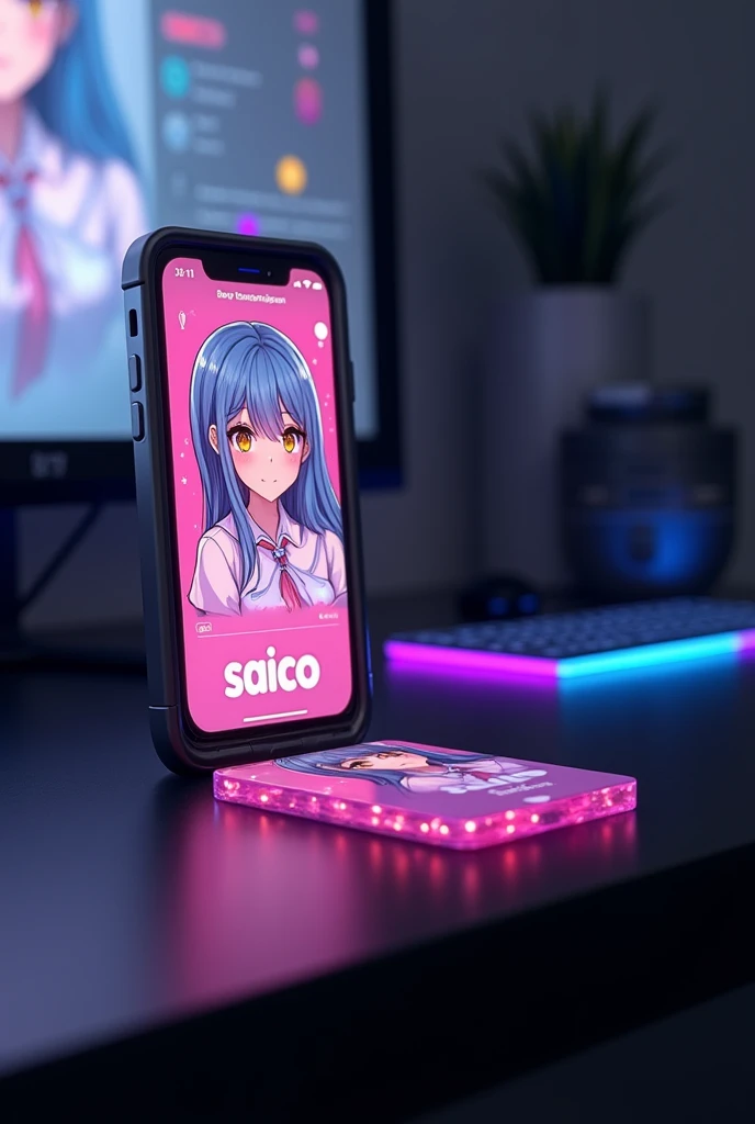 creat a instagram profile and glass id card on a black desk displaying instagram logo and realistic profile photo of a anime girl in circle and " saicooffical " is written in bold fonts under the profile photo and "1k"follower written the instagram card is glowing in pink and blue color on the edge