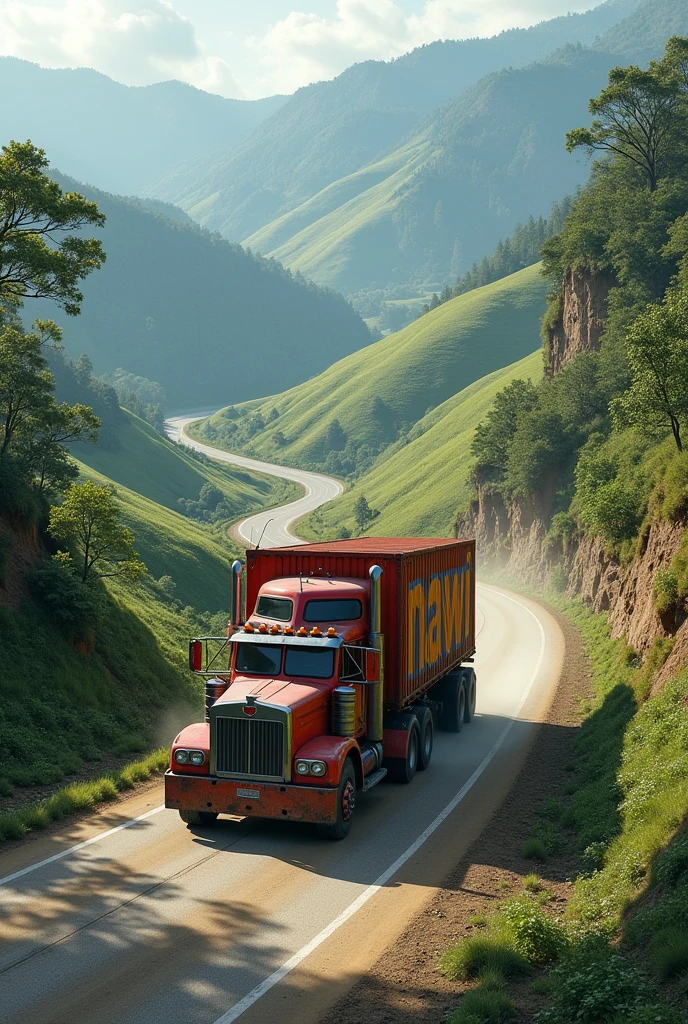 A cargo truck painted NAWI on its trolley,running in a hilly highway