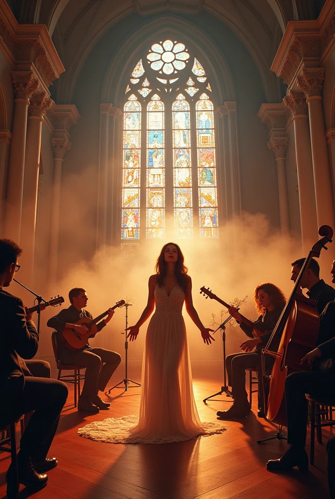 A musical ensemble, playing with a woman singing in a church with lights 
