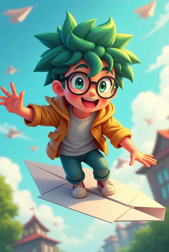 Cute young man with green hair and mashed hair riding a paper airplane, black-rimmed glasses, アニメ, casual clothes