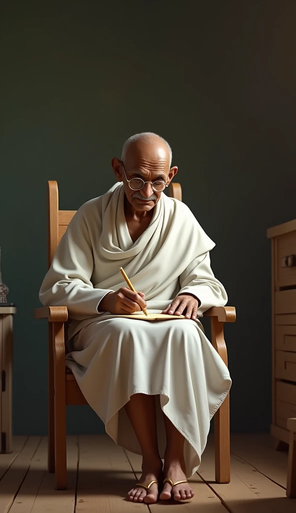 Photorealistic, mahatma Gandhi,sit on the chair,writing the letter