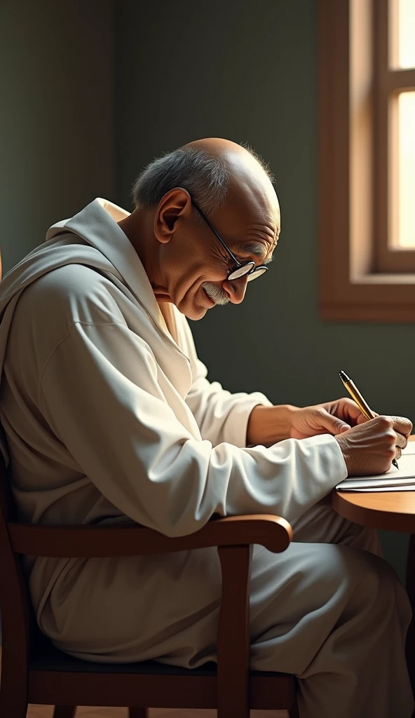 Photorealistic, mahatma Gandhi,sit on the chair,writing the letter