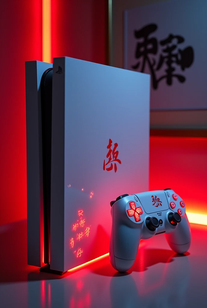 PS4 slim Japanese version with a white color, and a red neon light on the buttons and a control with red kanji
