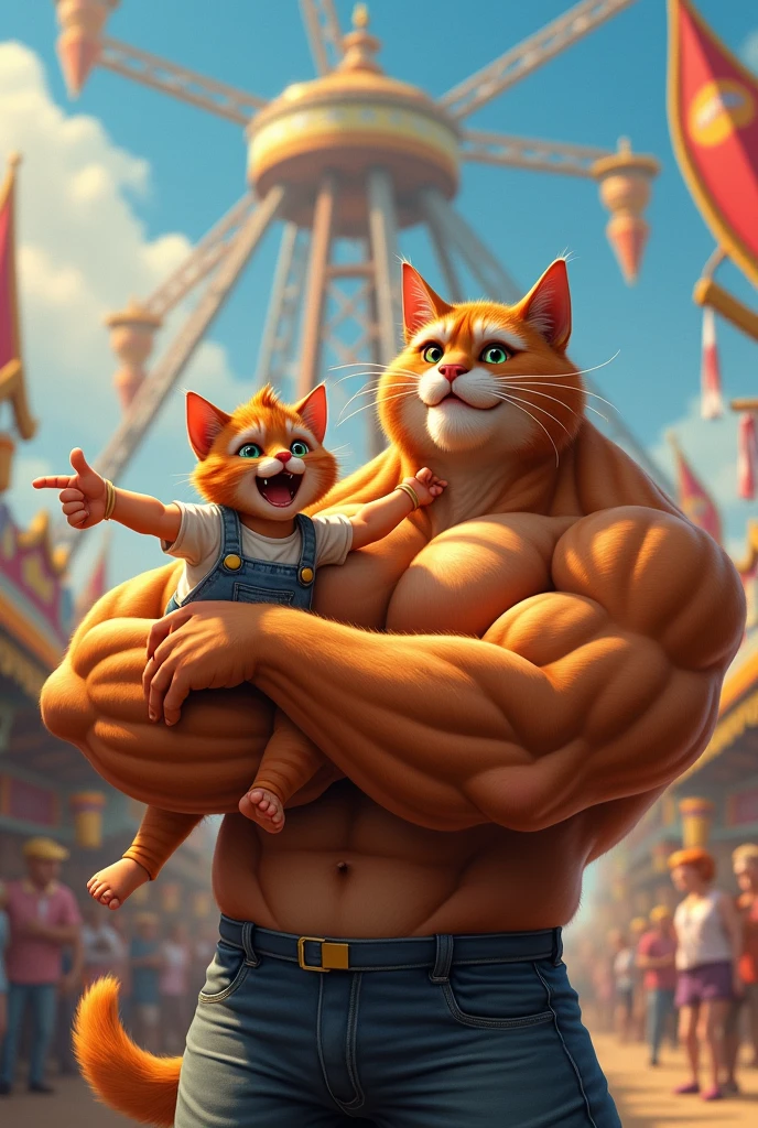 Ik bodybuilder cat Apne bacche ko haanth me pakre hua mela me jhule ki or dekh rha h haste hua beta Apne papa ko ik bade jhule ke taraf ishara karke dikhata h
