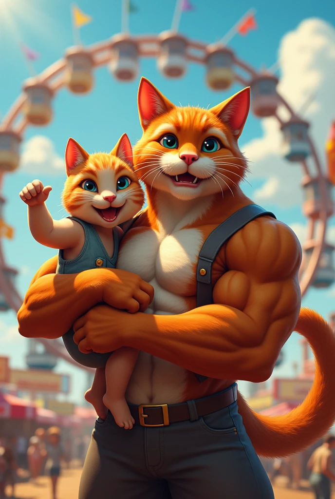 Ik bodybuilder cat Apne bacche ko haanth me pakre hua mela me jhule ki or dekh rha h haste hua beta Apne papa ko ik bade jhule ke taraf ishara karke dikhata h