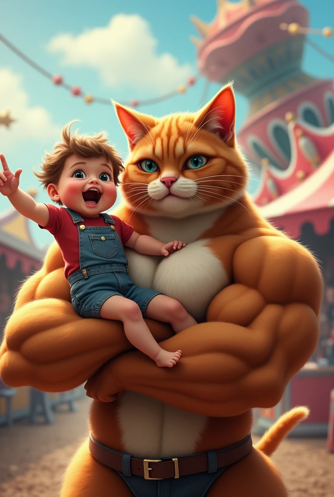Ik bodybuilder cat Apne bacche ko haanth me pakre hua mela me jhule ki or dekh rha h haste hua beta Apne papa ko ik bade jhule ke taraf ishara karke dikhata h