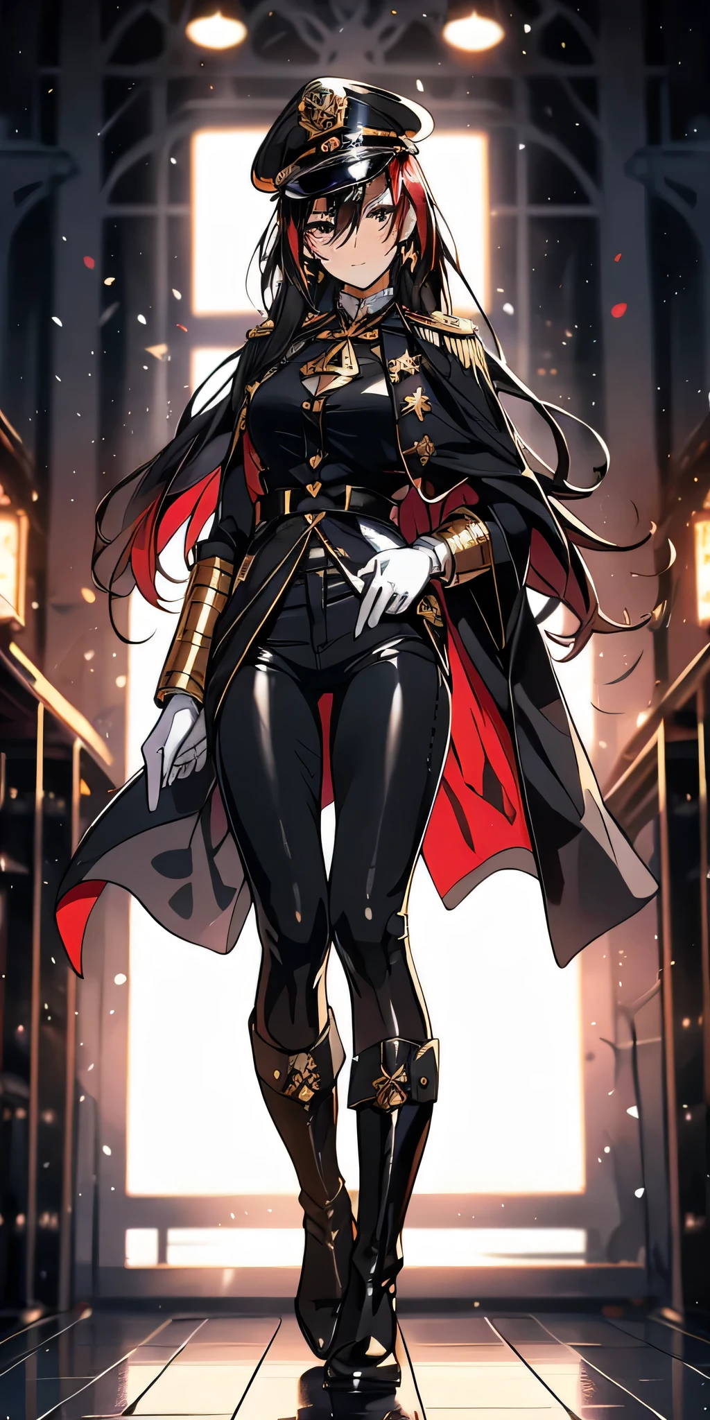 girl, long red hair, captain, black uniform, full body, black pants, gold rank insignia, long black boots, captain's hat, on ship, long black cloak, skirt