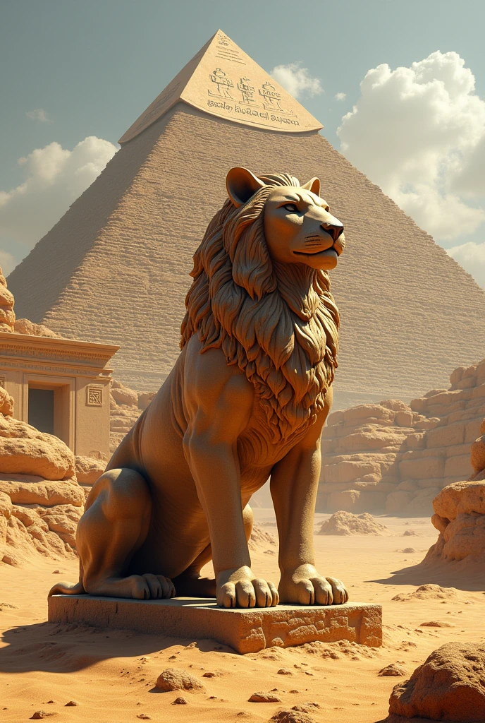 Pyramid with a stone lion in front