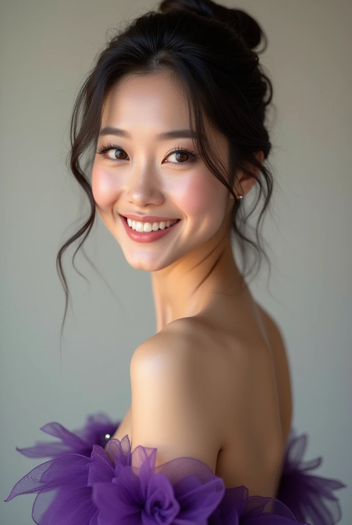 (Masterpiece、Best Quality:1.4)、Cute woman、Cute looking Japanese、Very beautiful eyes、glamorous、Gravure photoshoot、Pose for the camera、Detailed Face、realistic photo、wearing deep violet evening dress、Mr.々Hair style、with s big smile with dimples on the cheek