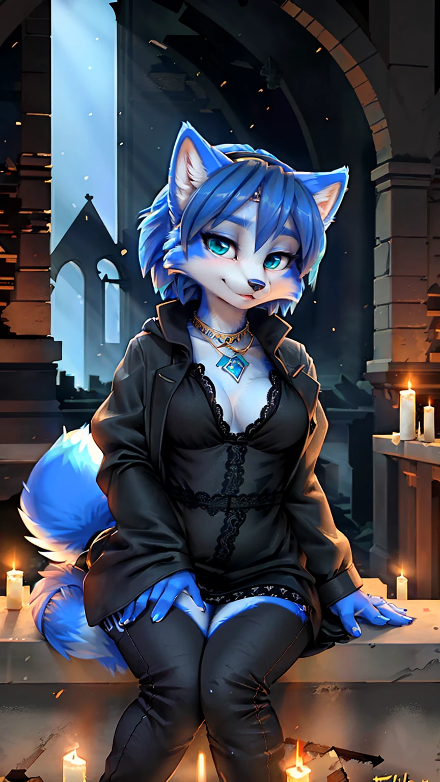 a picture of ((krystal)), Star Fox krystal, lovable, green eyes, medium breasts, (((Long blue hair 1.3))), Decollete, anthro, furry, Uploaded E621, detailed fluffys fell, (von Fluff-Kevlar, Bayard Wu, Pino Daeni), detailed face, (fluffy), 1 girl, alone, sweet girl, attracted, (((black coat))), (((black jeans:1.3))), (((chemise:1.3))) , detailed fur, (Kirchenruine, destroyed church, abandoned church), detailed light, Night color palette, Night pastel soft light, candles,