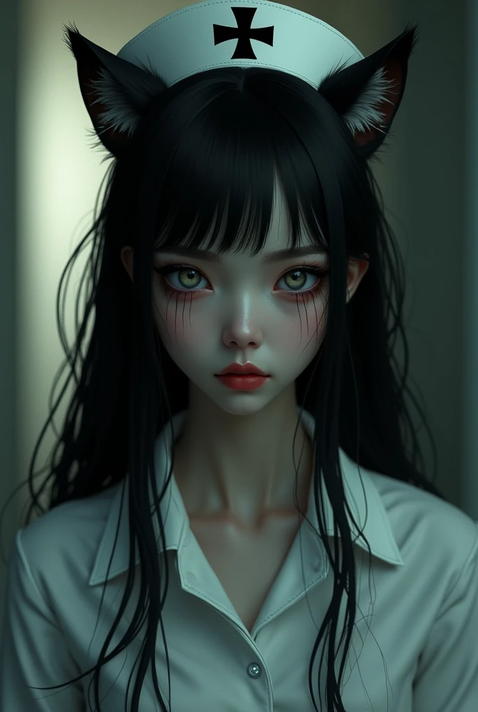 long hair, low-tied long hair, nurse cap, eyeball, wide eyes, cat ears, makeup, Surrealism, Surrealism, Contemporary art, Realism, image fill, silhouette, chiaroscuro, first-person view, f/1.8, UHD, masterpiece, 16k, 8k