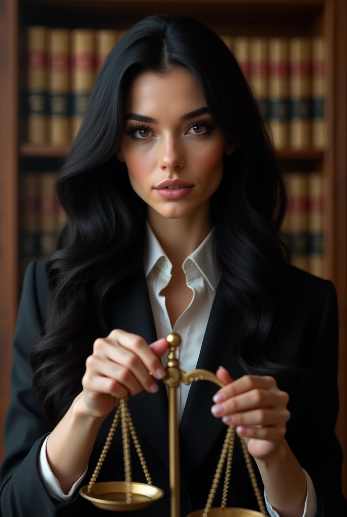 Caucasian female, long black hair, holding a law school scale. 