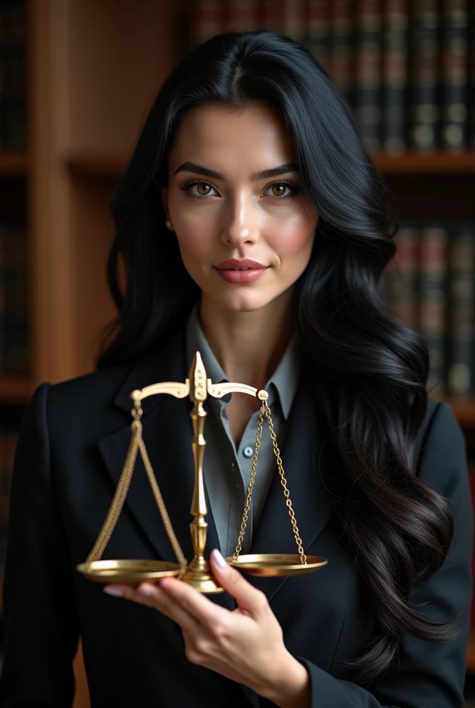 Caucasian female, long black hair, holding a law school scale.