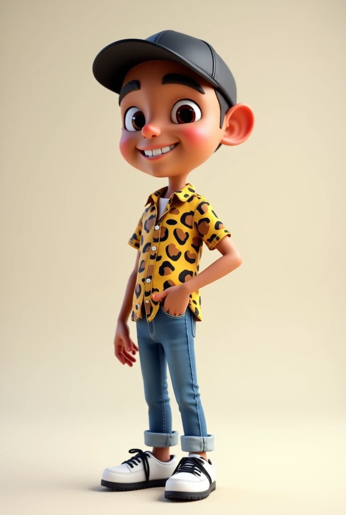  Standing full body,
slim, pointed head,  shy smile showing teeth a little happy face, fair brown-skinned, bald head,eyes browns, bushy eyebrows, fine nose, small mouth , colorful animal shirt, jeans, 1 hand in pocket and wearing white sneakers with black laces, Black cap, art style 3d realistic cute, whole image, high quality image