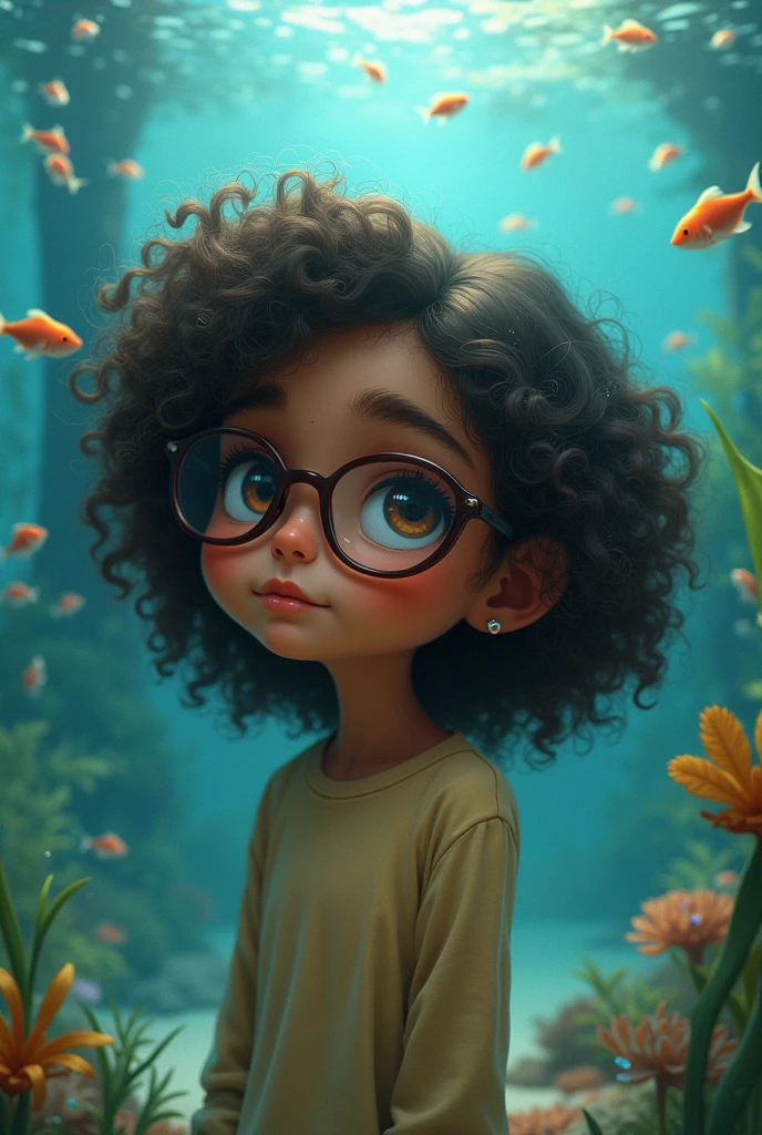 Create a brown girl with curly hair and glasses with an aquarium with little fish