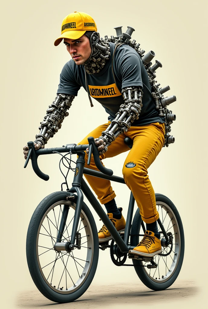 A man made of nutbold wearing Aromaneel engine oil tshirt with yellow pants and golden shoes sitting on bike riding pose with yellow cap advertising brand (Aromaneel)