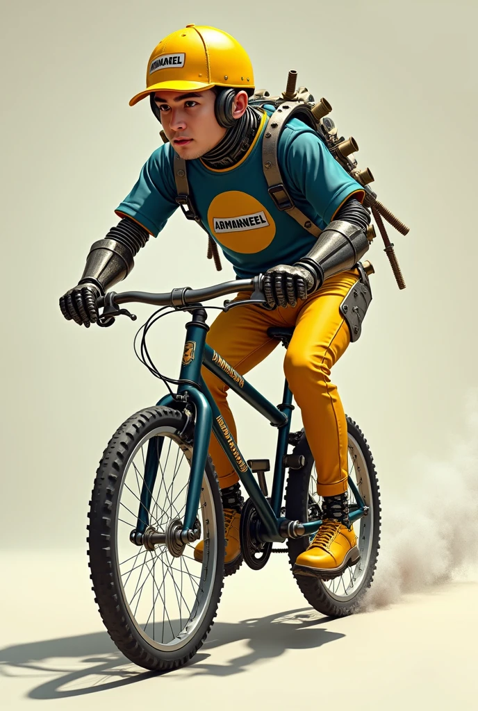 A man made of nutbold wearing Aromaneel engine oil tshirt with yellow pants and golden shoes sitting on bike riding pose with yellow cap advertising brand (Aromaneel)