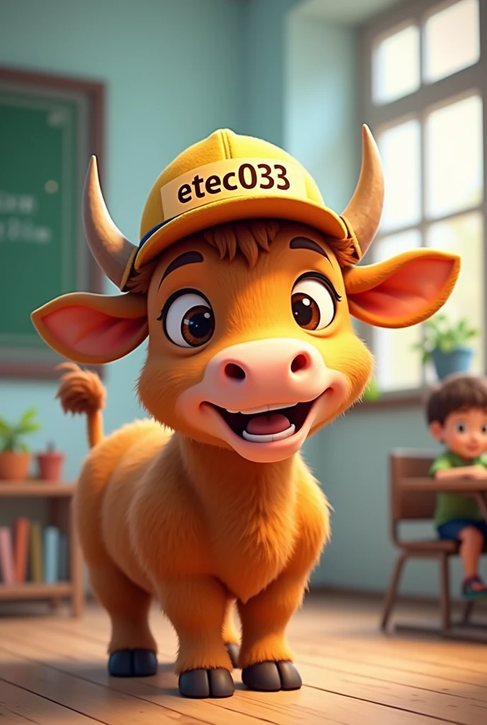 a humanized animated ox with a hat that says Etec033 at school