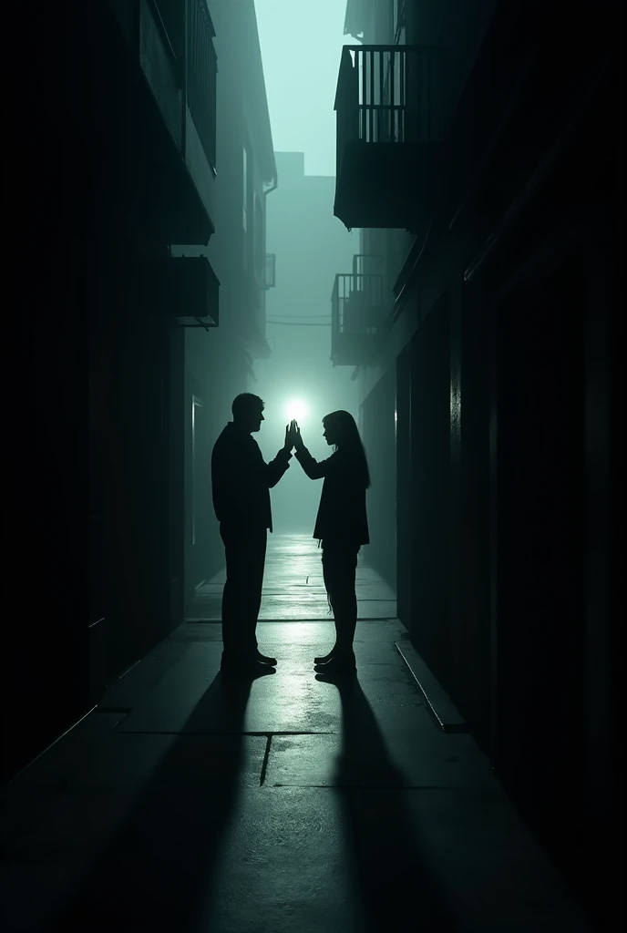 They wave to each other in a dark alley. One is seen as a silhouette in the backlight.  ,The other one is brightly lit in the back, both only show hands