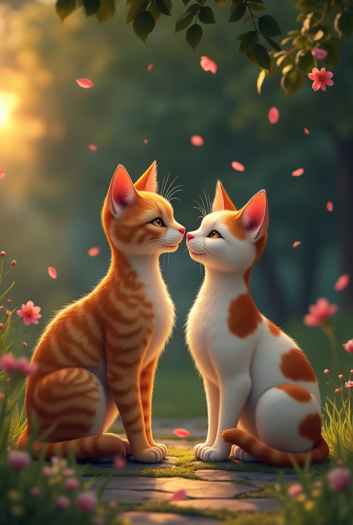 Scene: The now-fit cat is at the park again, where he notices a beautiful rosette-patterned female cat. They lock eyes, and he shyly approaches her. Emotion: A sweet and romantic atmosphere as the two cats interact playfully, leading to them sitting together, watching the sunset.