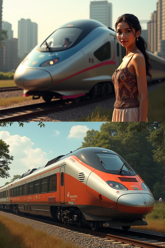 Use high-quality images of both trains. For the Vande Bharat train,an beautiful girl, you might choose a sleek, modern shot, while for the regular train, a classic, traditional image works well.