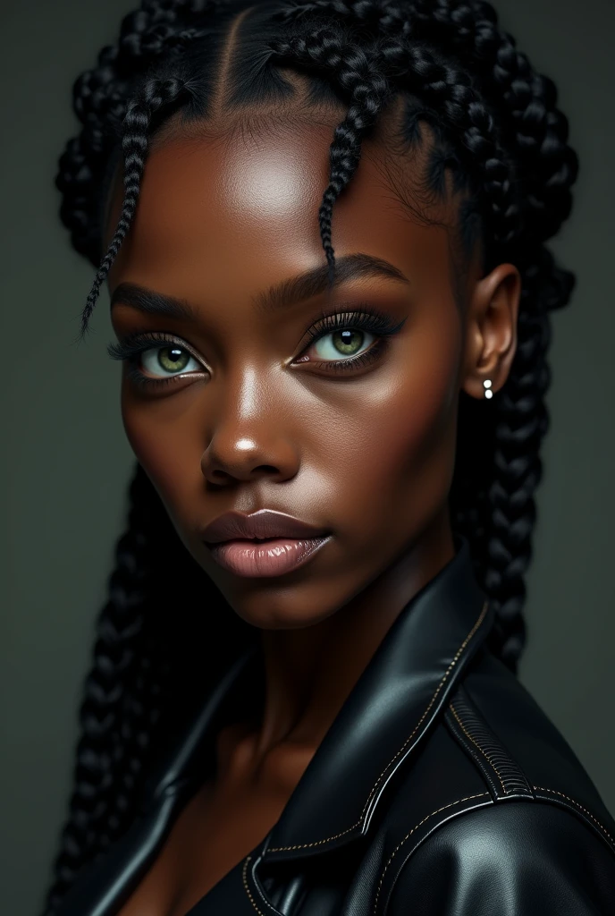 dark-skinned black woman, with braids, greeneyes, black leather jacket