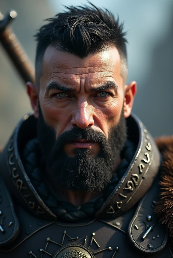 Frontal portrait Hyper focus, warrior (sem beard) black short hair, realisitic, hiperrealisitics, realisitic, a body in the renatosphere, epic 3D realism, best in wlop, kan liu, daz3d, trends in CGsociety, estilo realisitic hiperdetalhado, completo cosplay, by Ric Nagualero, album, hyung tae kim, 8k, irreal engine 5, film composition, retratos realisitics hiperdetalhados, 3D game art, CG Society, Fantasyart, hd art of season, estética realisitic, cinematic lighting, border light, smooth light, border light de filme, fine glow, ultradetailed, 8k, uso realisitic de luz e cor, cinematic light, rendered in cinema4d 500–1000 AD -- ar 3:4- Niji 6
