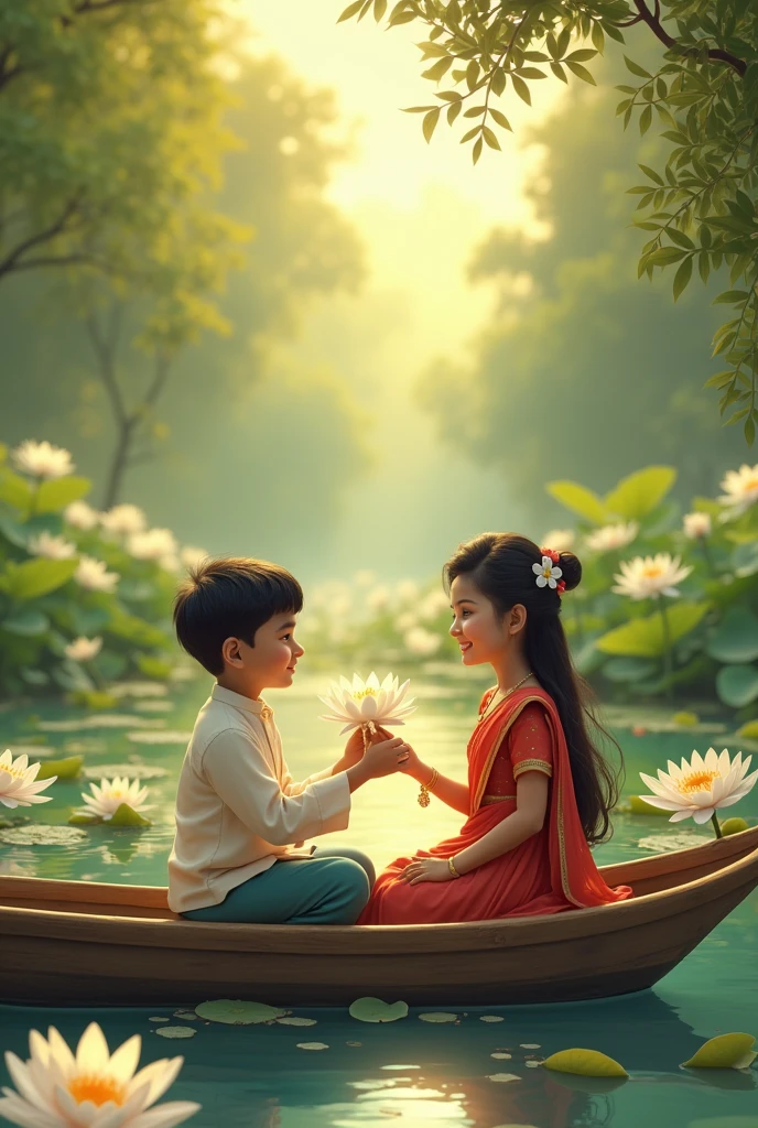A young boy proposes a Bangladeshi young girl with white water lily on a boat which floating in a water lily river