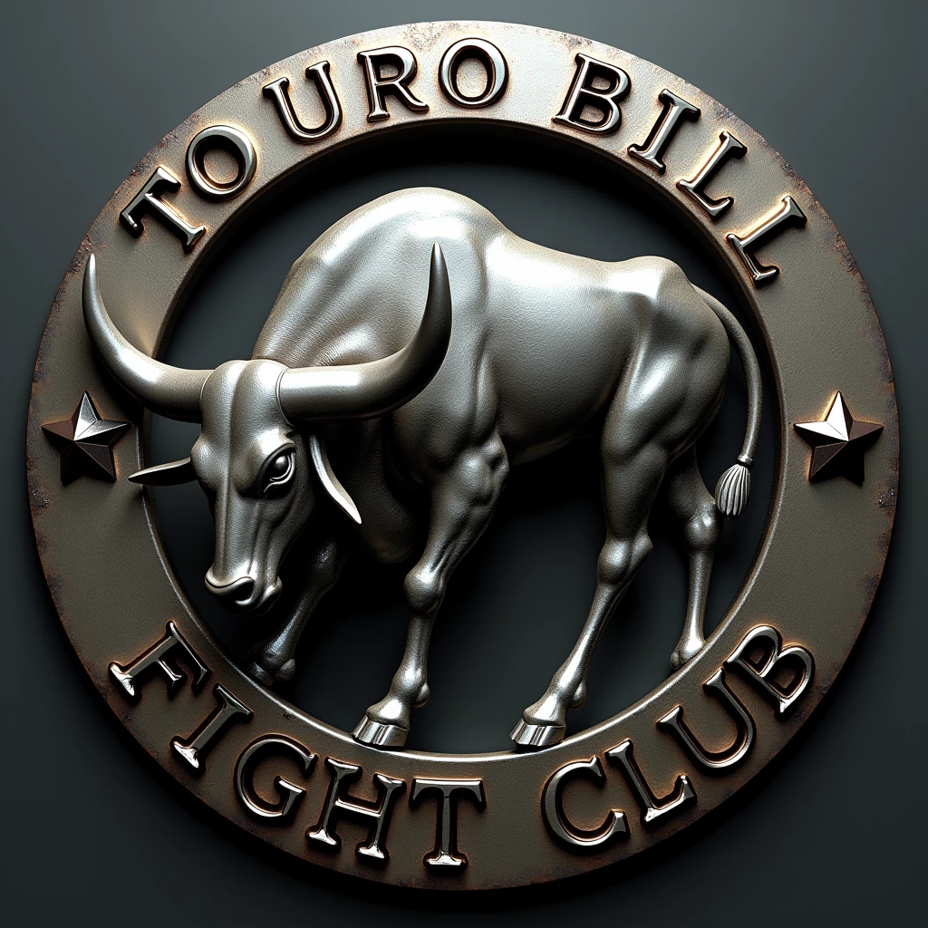 A hyper-realistic and metallic version of a fighting club logo featuring the full-body silhouette of a bull in the center. The bull should be standing in a powerful pose, with shiny, reflective metal textures on its entire body, including its horns and muscular form. The silhouette should emphasize the strength and dominance of the bull. Surrounding the bull, create a circular metallic border with the text 'TOURO BILL FIGHT CLUB' engraved into the metal surface, giving it a worn, industrial look. Add subtle shadows and highlights to emphasize the metal's weight and texture, making the logo feel dynamic and aggressiveAlta resolução, Renderização 3D, 