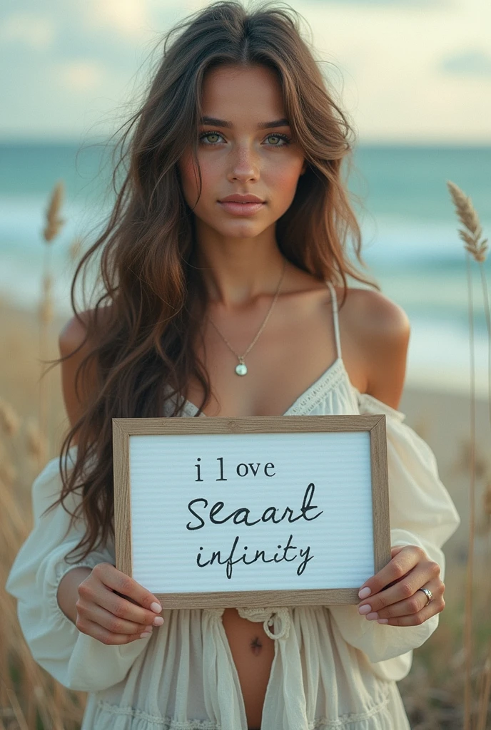 Beautiful girl with wavy long hair, bohemian dress, holding a white board with text "I Love Seaart Infinity" and showing it to the viewer