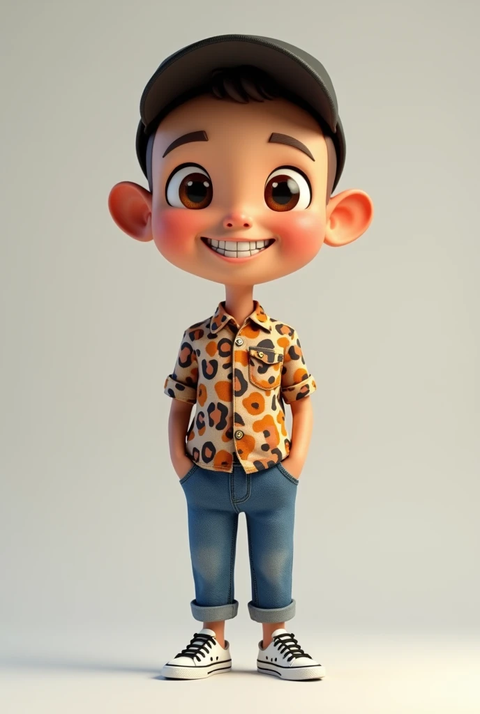 Standing full body,
slim, pointed head, shy smile showing teeth a little happy face, fair brown-skinned, bald head,eyes browns, bushy eyebrows, fine nose, small mouth , colorful animal shirt, jeans, 1 hand in pocket and wearing white sneakers with black laces, Black cap, art style 3d realistic cute, whole image, high quality image
