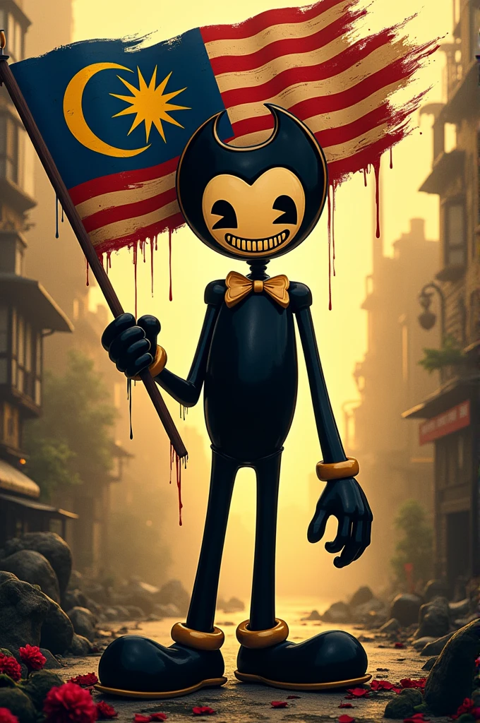 Bendy From Bendy and the Ink Machine holding a Malaysian Flag