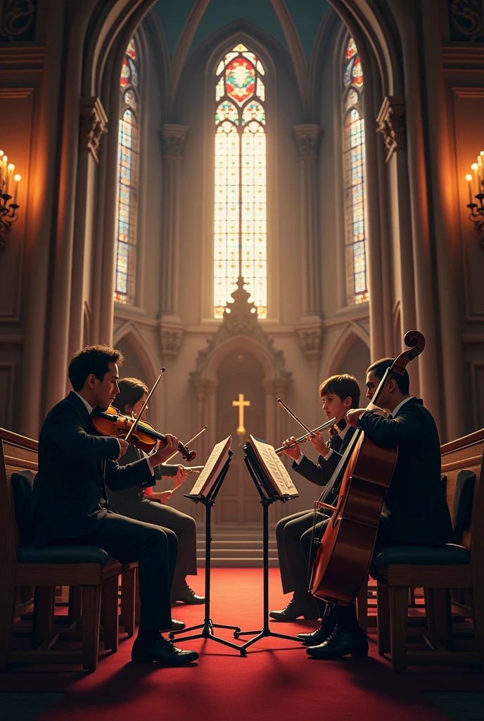 Several musicians playing their instruments in a church 
